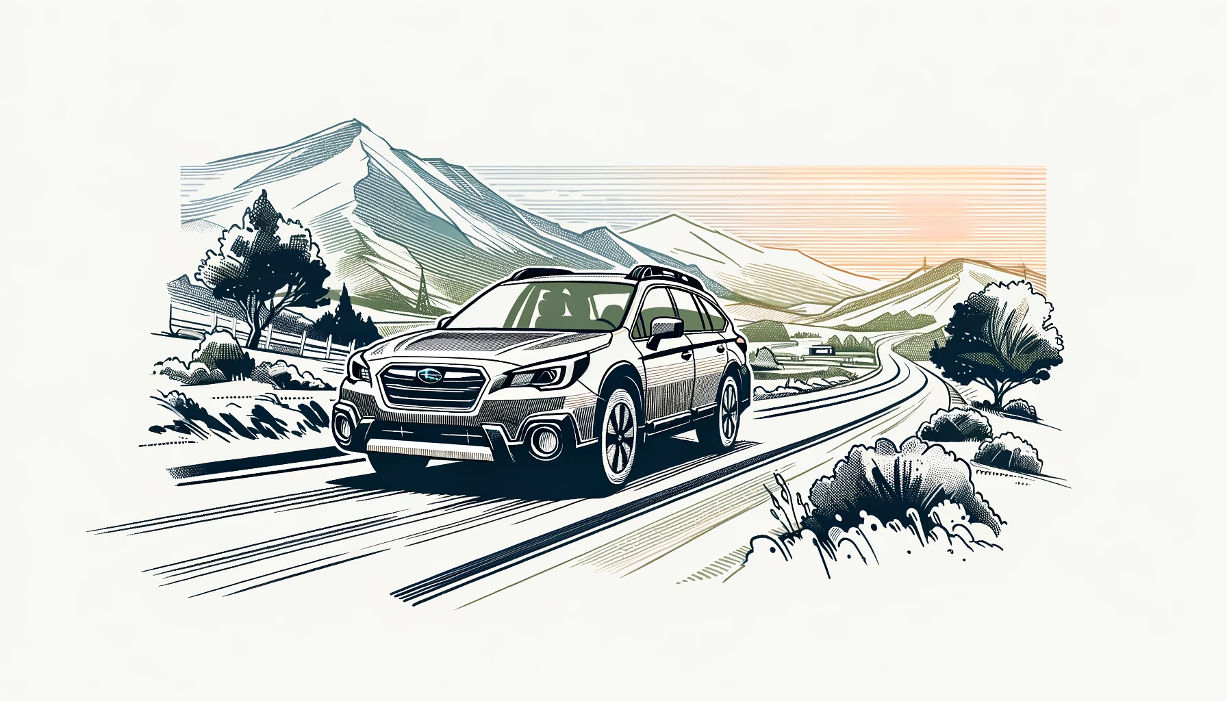 A simple, sketch-style illustration of a Subaru Outback on a scenic road, embodying adventure and the spirit of exploration. The car is driving toward.